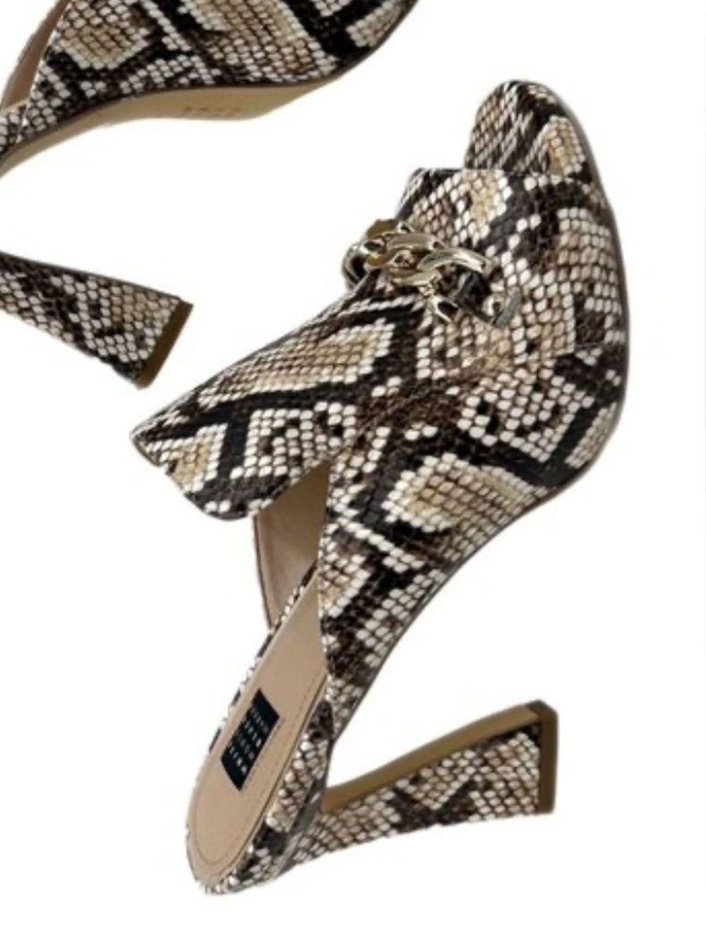 White House Black Market Snake-Print Slip-On Heels with Gold Chain Accent